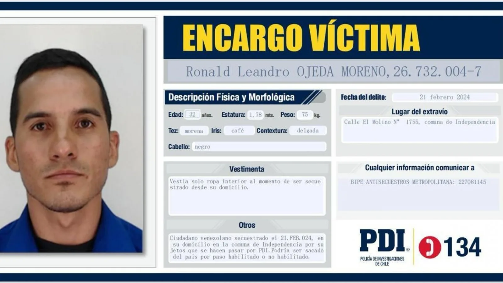 Reportan presunto secuestro de teniente (r) venezolano que reside en Chile: se sospecha de una incursión militar.