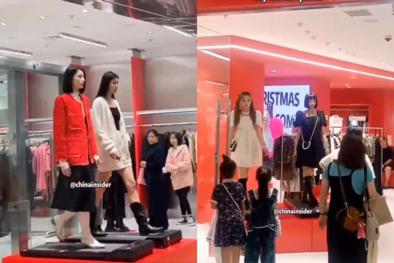 Tienda en China reemplaza maniquís por mujeres en caminadoras para mostrar su ropa
